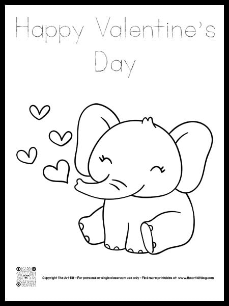 Cute happy valentines day elephant and hearts coloring page dotted font â the art kit