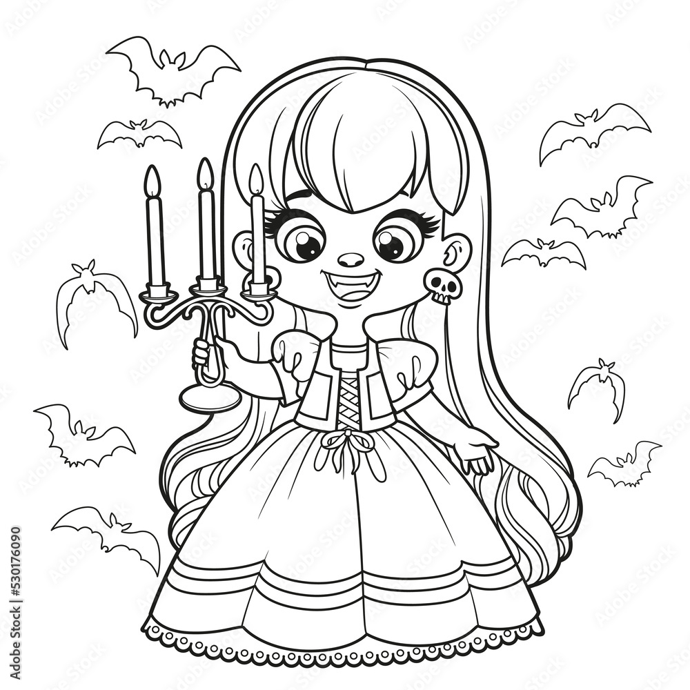 Cute cartoon long haired girl in a halloween vampire costume with chandelier in hand and bats around outlined for coloring page on white background