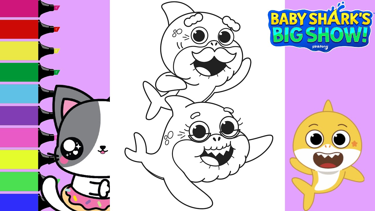 Coloring baby sharks big show mommy daddy grandma grandpa shark coloring book sprinkled donuts