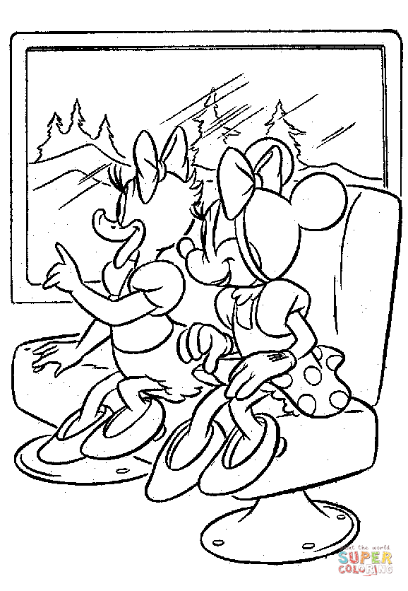 Minnie mouse and daisy duck looking through the window coloring page free printable coloring pages
