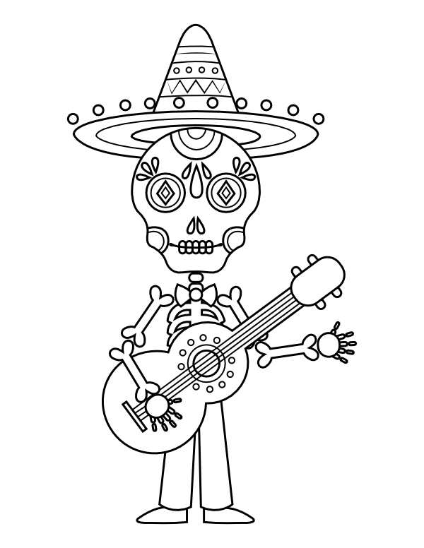Printable male day of the dead skeleton coloring page
