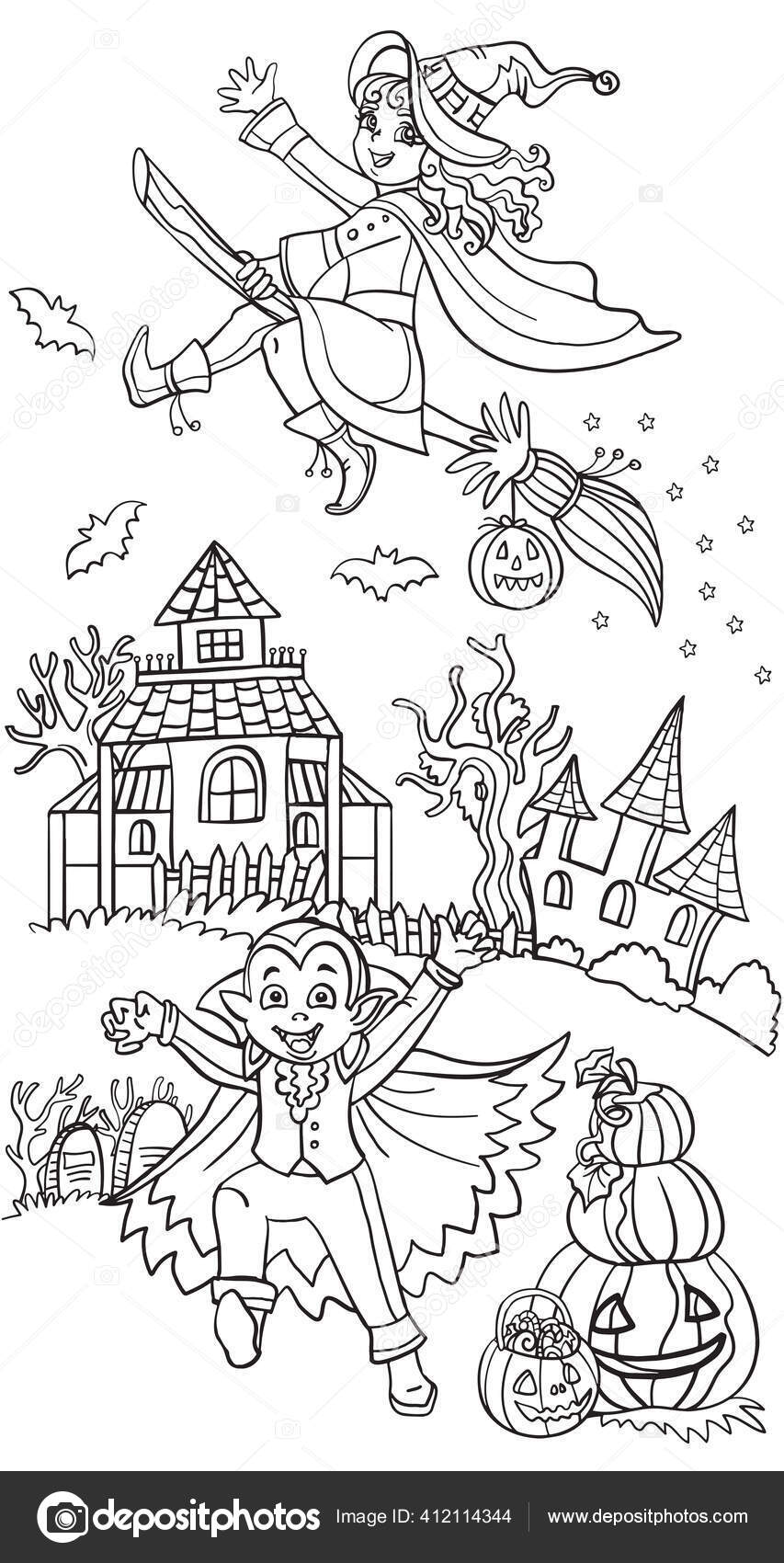 Cartoon halloween ilustraãão pãginas colorir vetores crianãas felizes trajes vampiro imagem vetorial de alinart