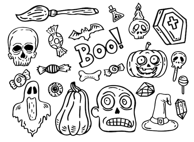 Premium vector halloween coloring page with spooky objects hand drawn cute