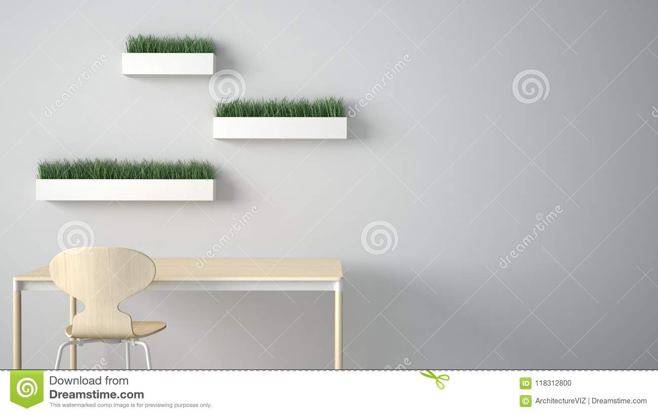 Minimalist architect designer concept table desk and chair kitchen or office with shelves with grass vases on white background stock illustration