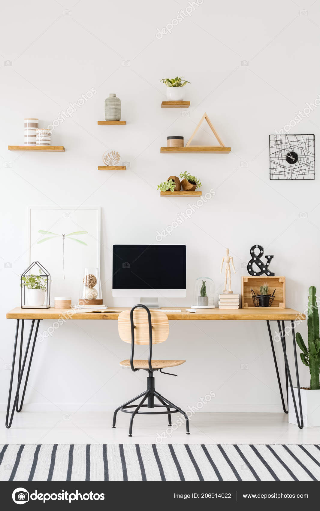 Wooden shelves plants pots white wall industrial desk modern desktop stock photo by photographeeeu