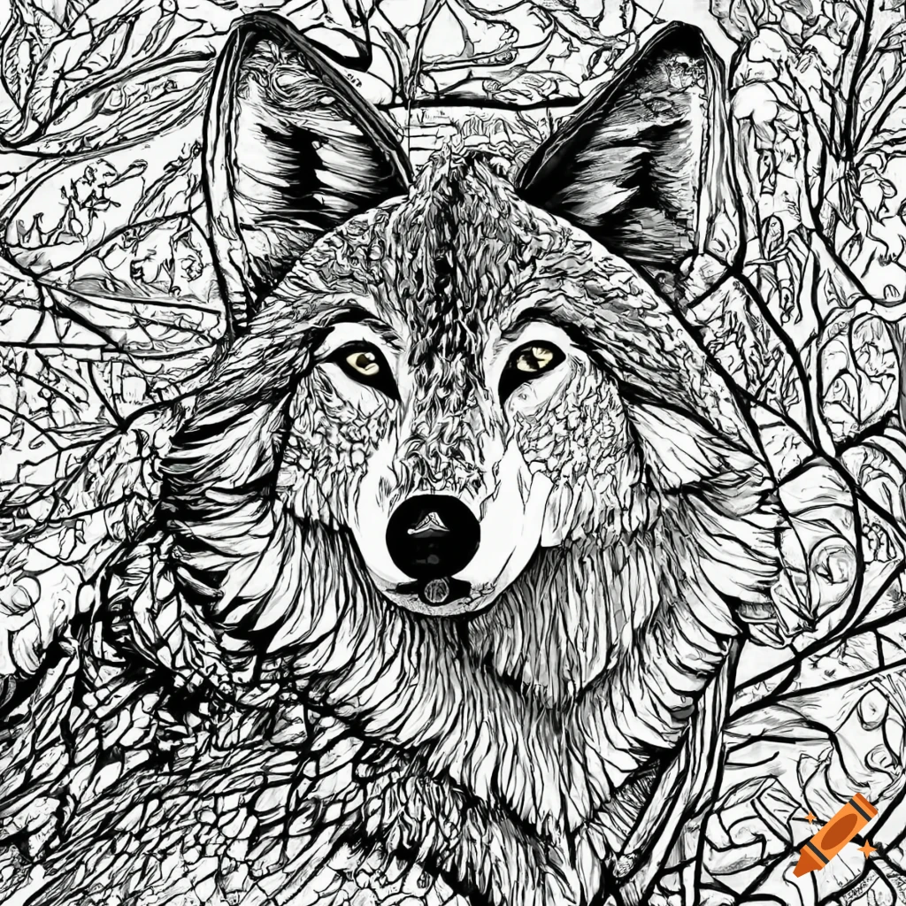 Coloring pages for adults wolf in a forested background with a river simple design no shading medium level of detail black and white no color on