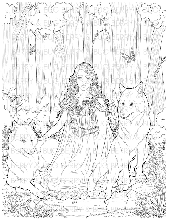 Wolves woman coloring page printable adult coloring page wolf coloring page printable pdf realistic detailed download now