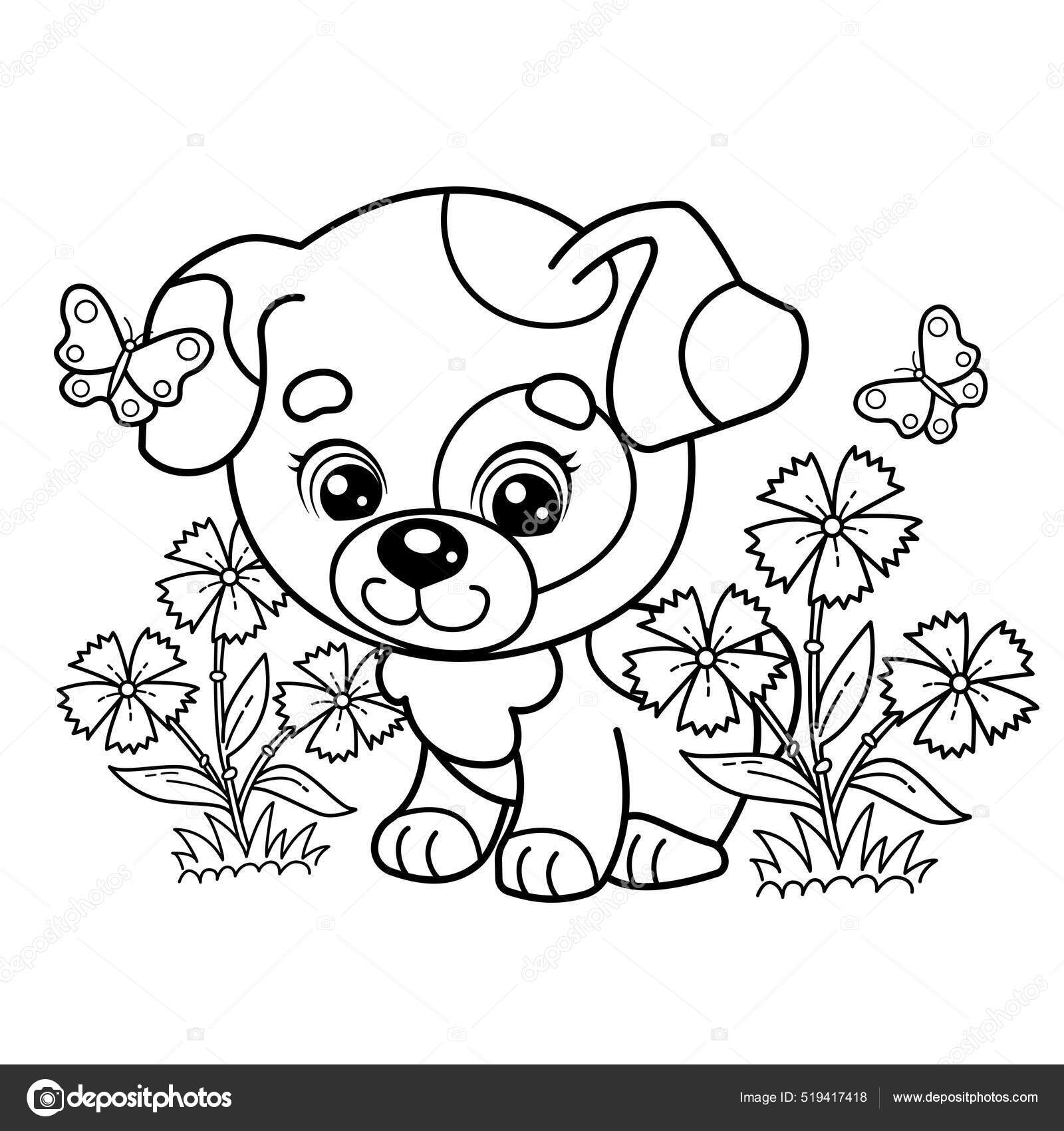 Pãgina para colorear esquema dibujos animados perrito claro flores lindo vector de stock por oleon