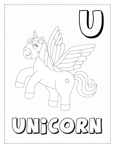Premium vector letter u is for unicorn coloring page coloring book letter animals for kids