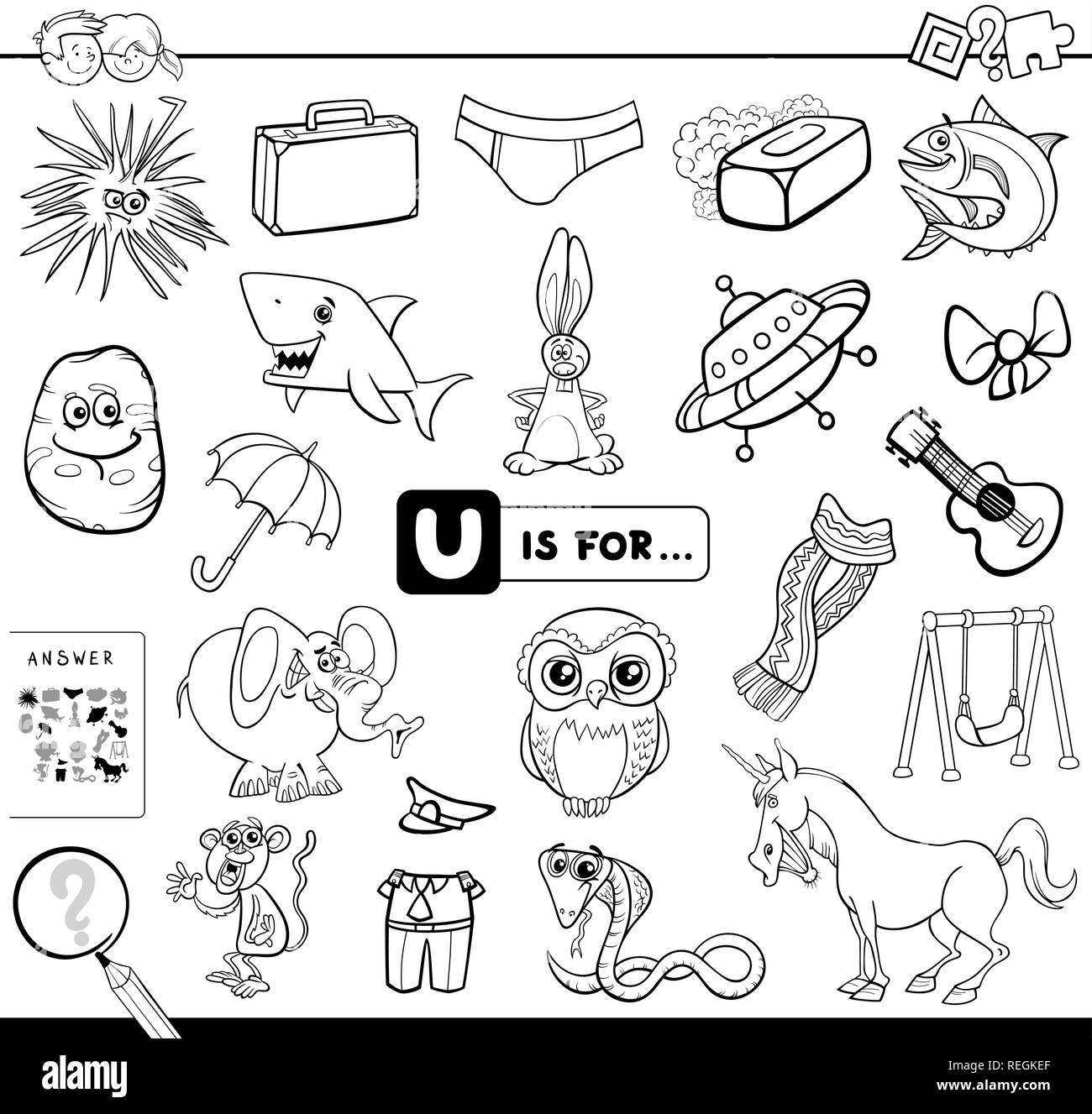 Black and white cartoon illustration of finding picture starting with letter u educational game workbook for children coloring book stock vector image art