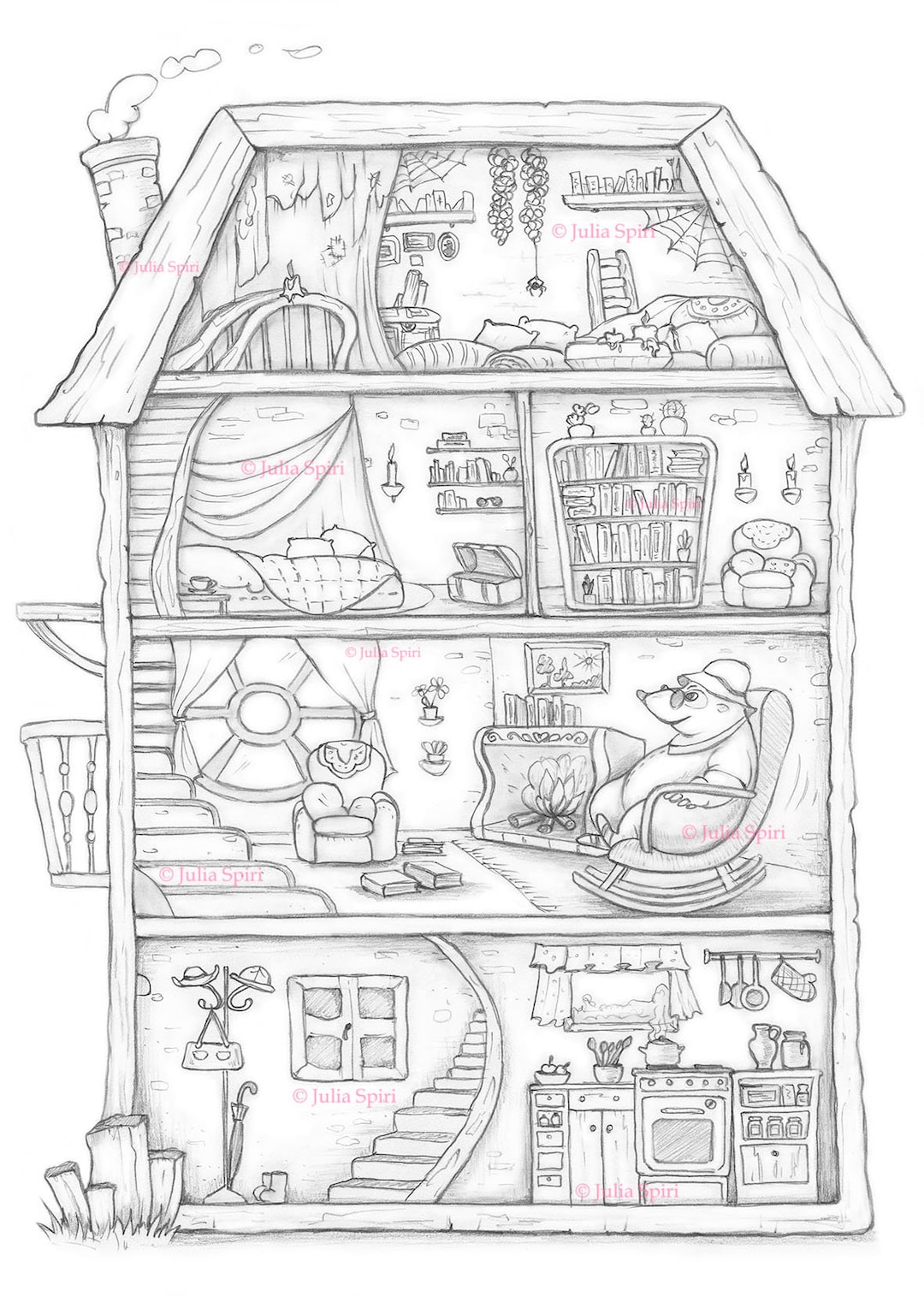 Coloring page digital stamp digi home mouse kitchen bedroom loft library whimsy line art mole house instant download