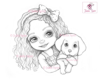 Cute girl coloring page digital stamp digi dog doggy doggie pet fantasy crafting scrapbooking card whimsy leslie and puppy
