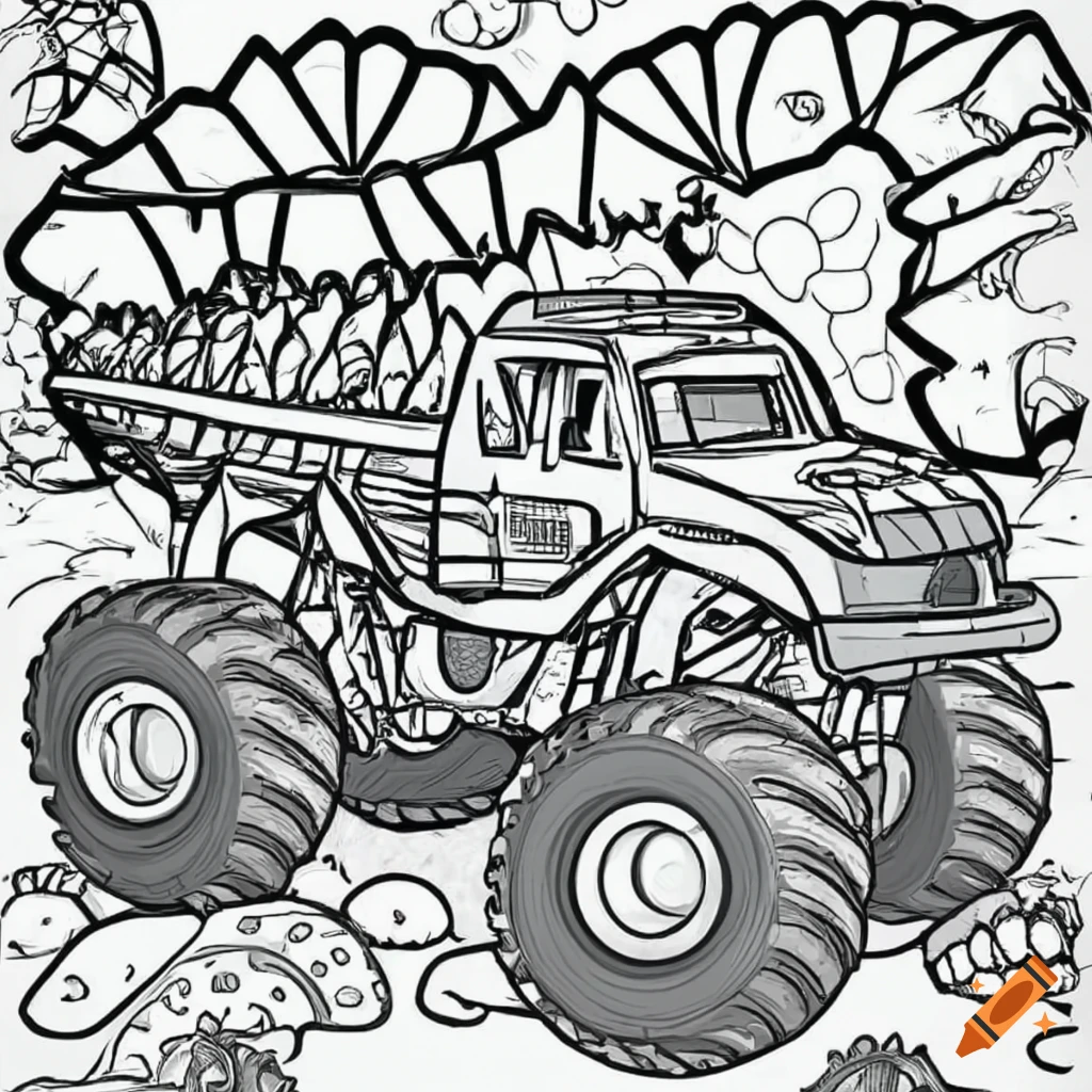 Dinosaur in a monster truck for coloring por kids on