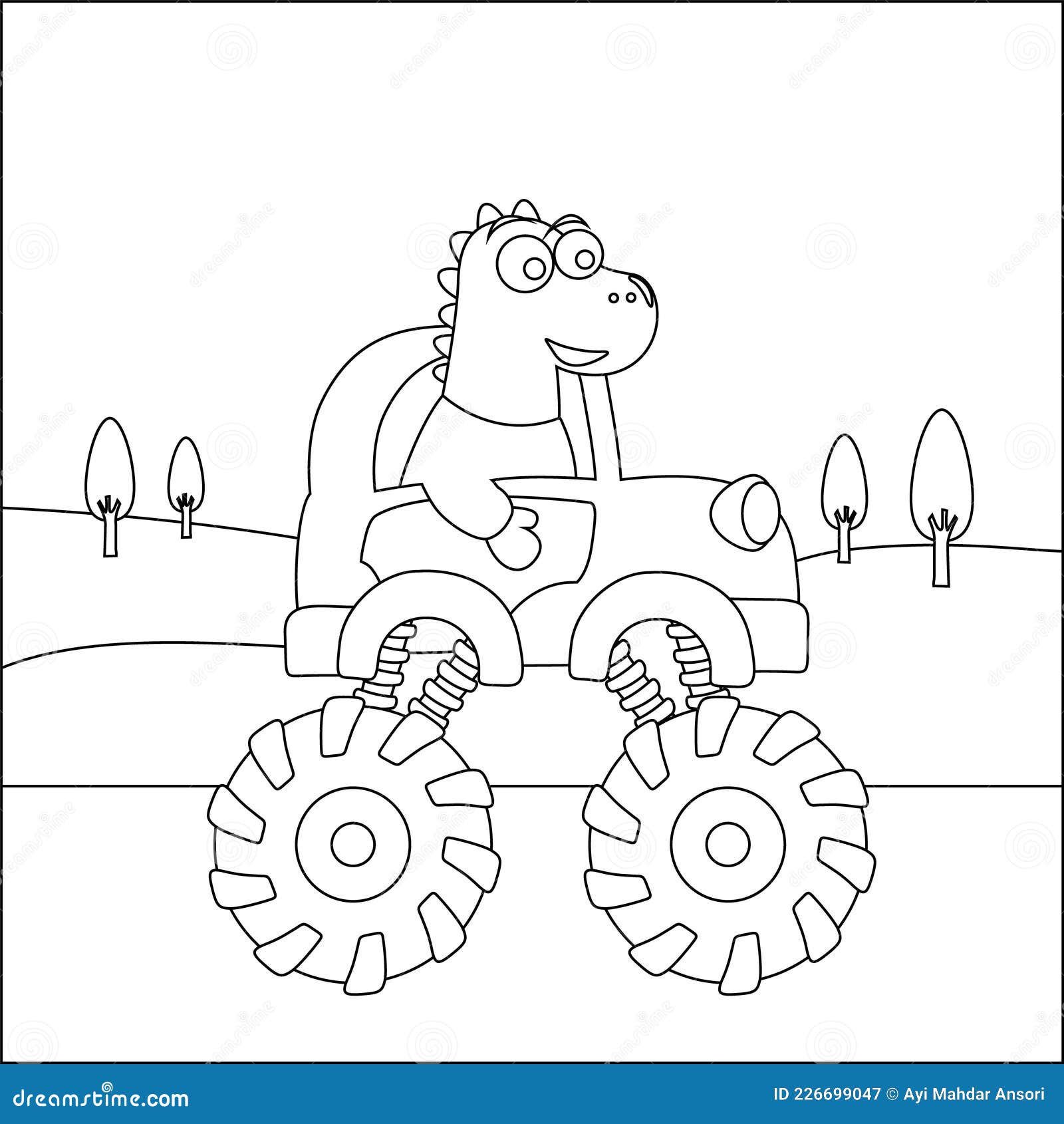 Vector illustration of monster truck with cute dinosaur driver cartoon isolated vector illustration creative vector childish stock vector