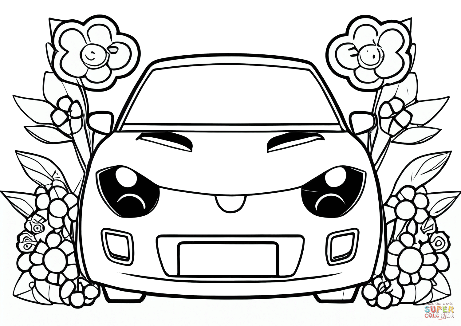 Mini car in flowers coloring page free printable coloring pages