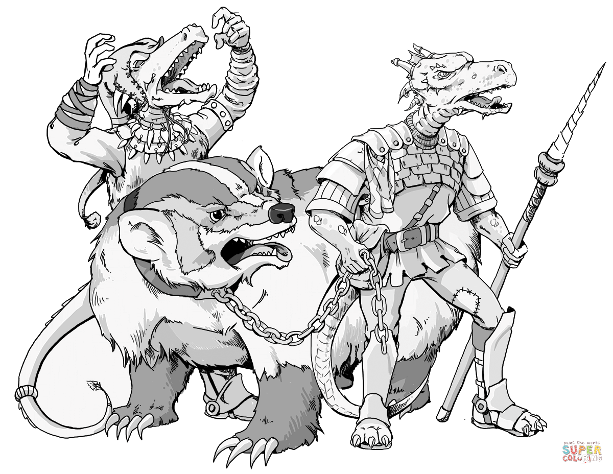 Two dnd kobolds and giant badger coloring page free printable coloring pages