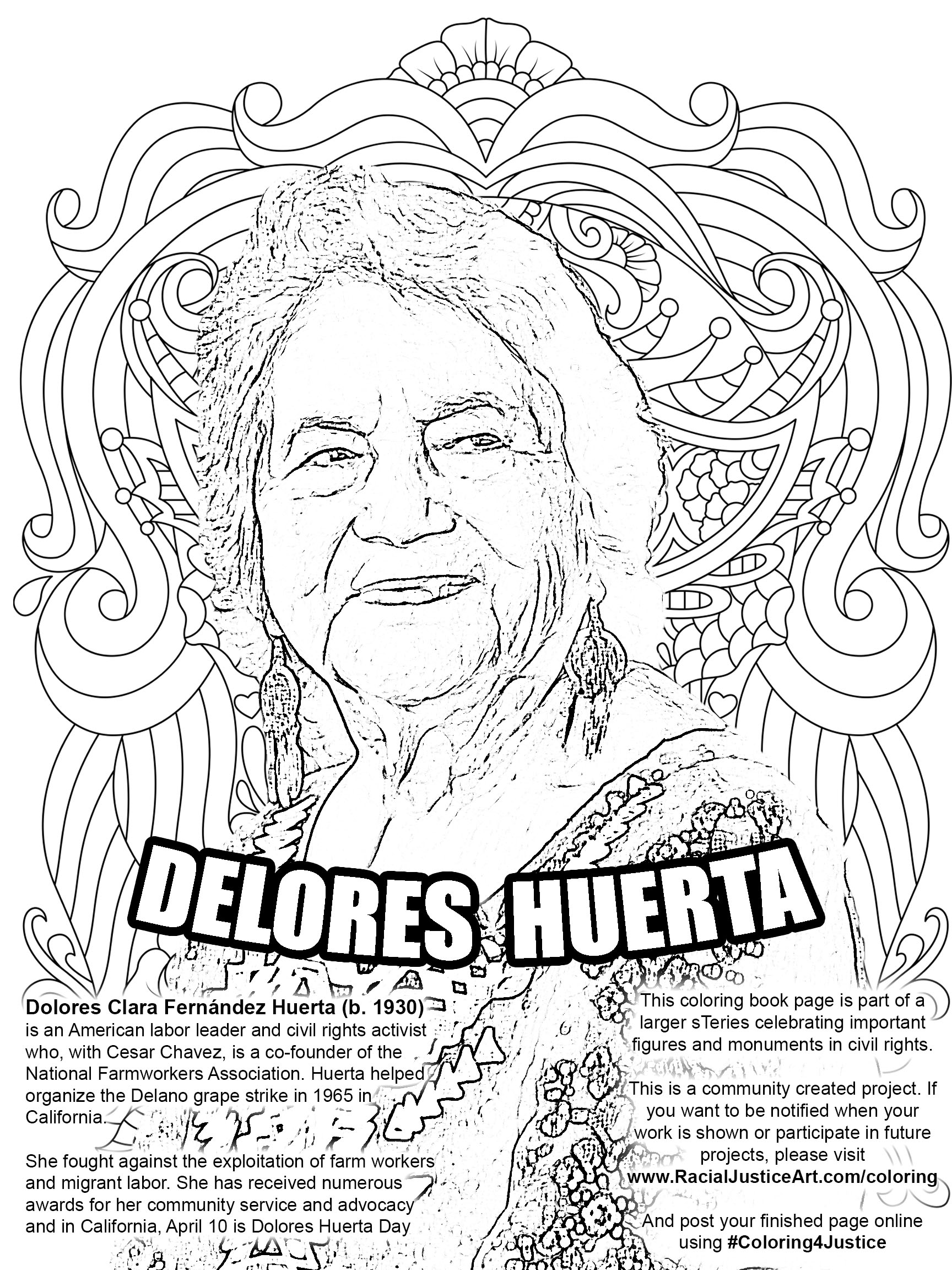 Public art for racial justice education on x delores huerta coloringbook page such an inspiring lady and came up with the slogan yes we can to help fight for farm and migrant