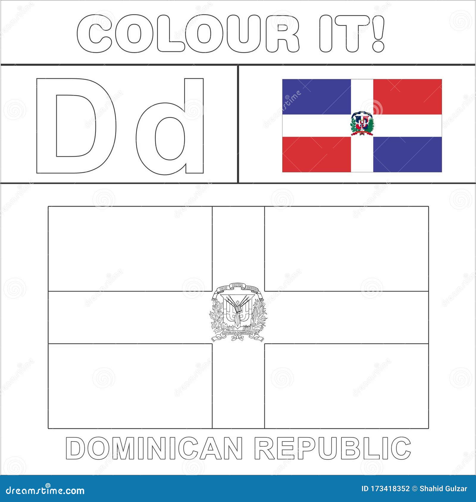 Colour it kids colouring page country starting from english letter d dominican republic how to color flag stock illustration