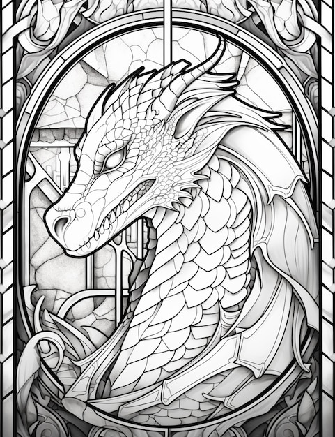 Premium ai image a black and white drawing of a dragon in a stained glass window generative ai