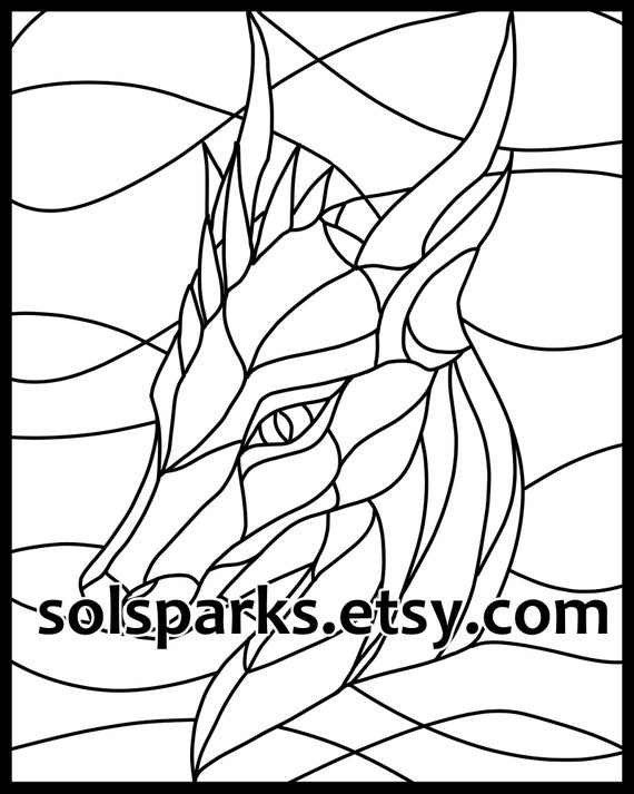 Dragon portrait stained glass pattern for adult and kids colouring book page or real stained glass panel prints x on x paper download now
