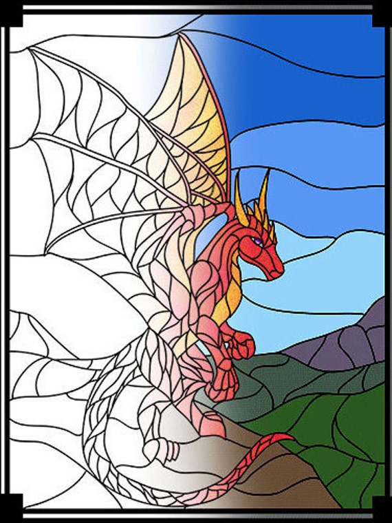 Stained glass dragon adult or kids colouring book page or real stained glass pattern for x paper