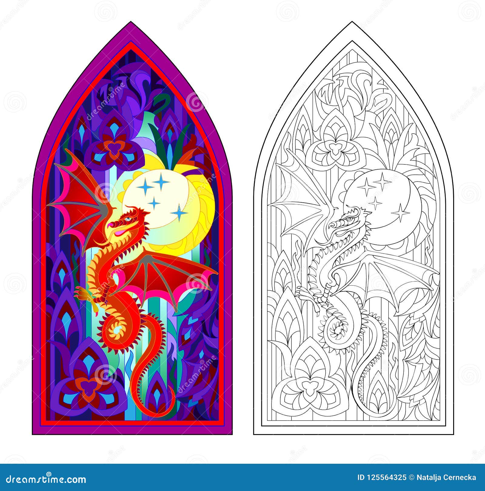 Colorful and black and white pattern of gothic stained glass window with red dragon stock vector