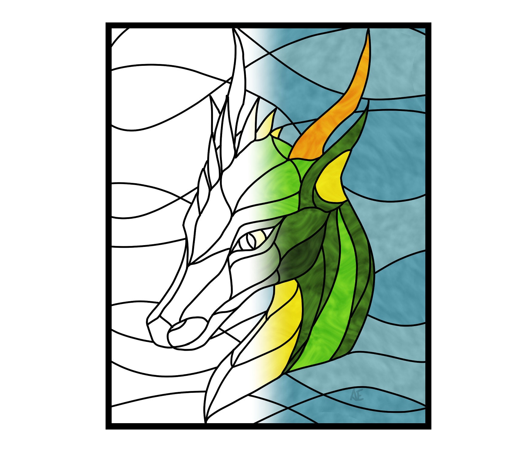 Dragon portrait stained glass pattern for adult and kids colouring book page or real stained glass panel prints x on x paper download now