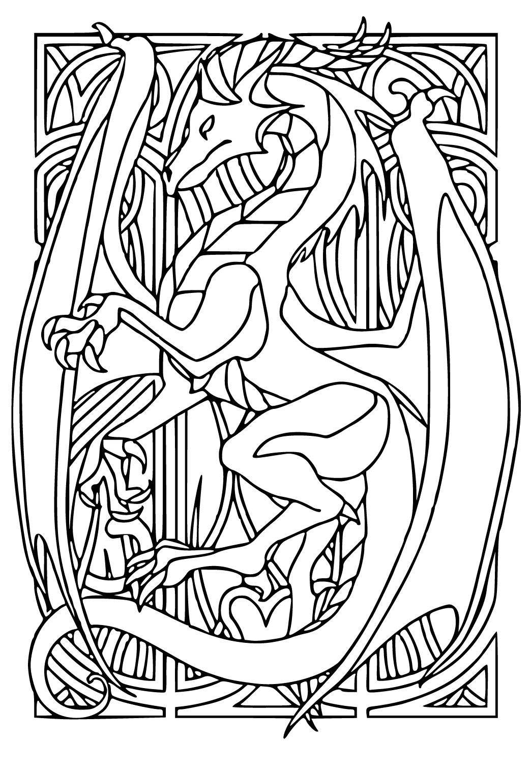 Free printable stained glass dragon coloring page sheet and picture for adults and kids girls and boys