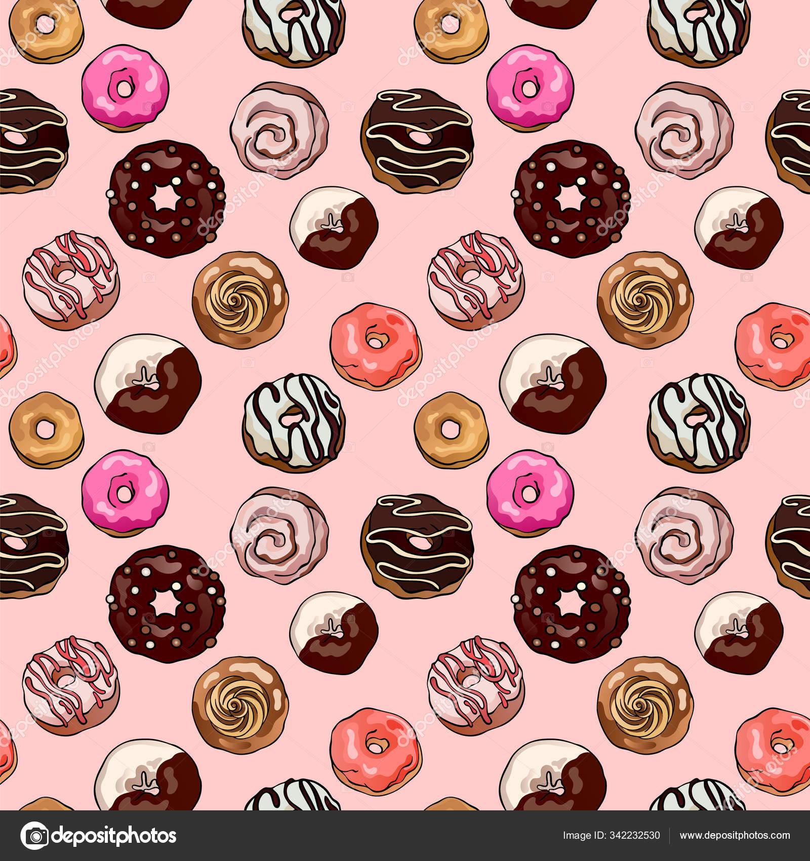 Assorted chocolate and glazed donuts vector pattern colorful drawings of sweet cafe bakery pastry food illustration for gift wrapping fashion textile print wallpaper menu design stock vector image by natalyavolodeva
