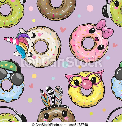 Seamless pattern with cute cartoon donuts canstock