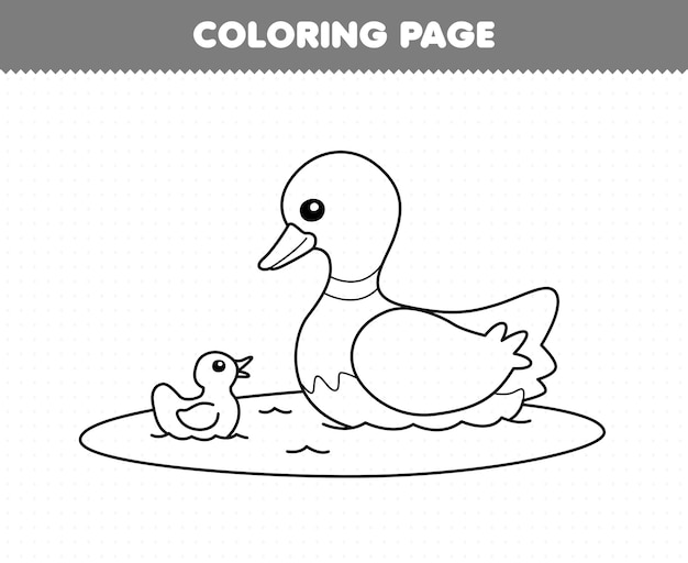 Premium vector education game for children coloring page of cute cartoon duck and ducking in the pond and chick line art printable farm worksheet