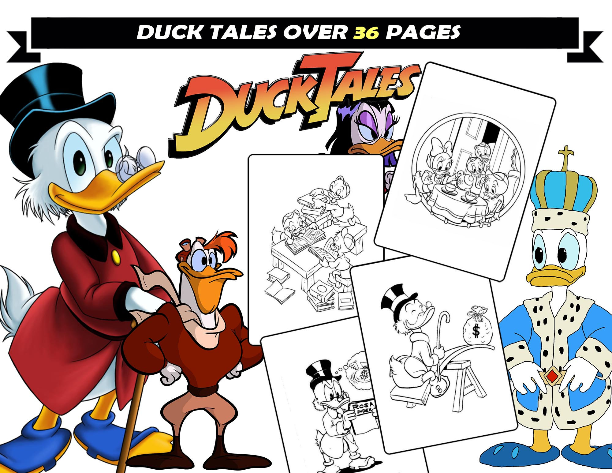 Duck tales coloring pages for kids scrooge louie dewey huey cartoon characters for coloring instant download printable coloring book
