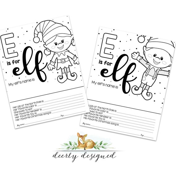 E is for elf boy and girl elf elf coloring page preschool coloring page elf worksheet christmas worksheet instant download
