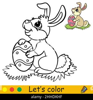 Cute easter bunny with easter egg coloring book page with color template vector cartoon illustration for kids coloring card print design decor stock vector image art