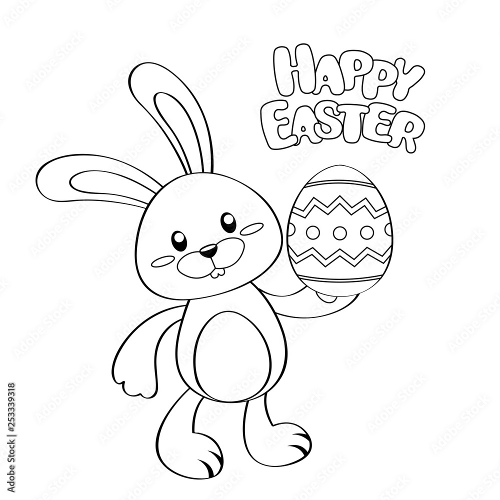 Happy easter card cute cartoon easter bunny with egg black and white vector illustration for coloring book vector