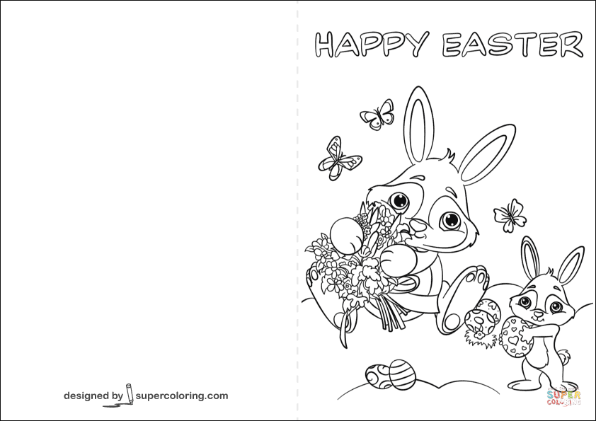 Happy easter card with cute bunnies coloring page free printable coloring pages