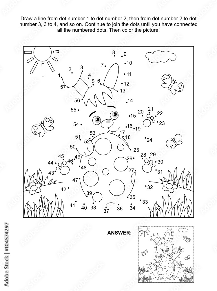 Easter themed connect the dots picture puzzle and coloring page with bunny and painted egg answer included vector