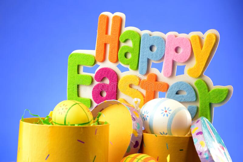 Happy easter scene stock photo image of cute colorful