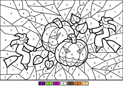 Halloween pumkins and witches color by number free printable coloring pages