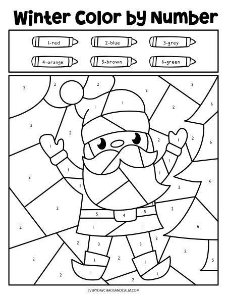 Free winter color by number worksheets for kids