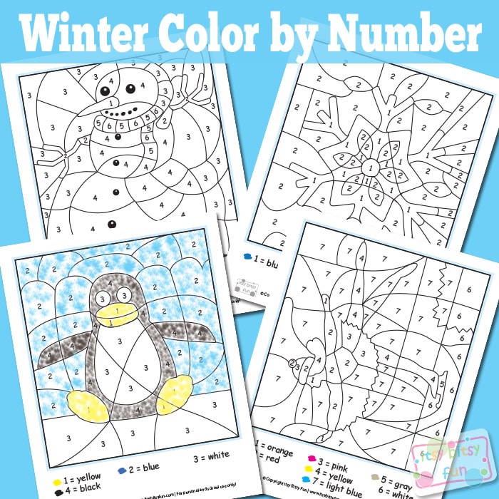 Winter color by numbers worksheets