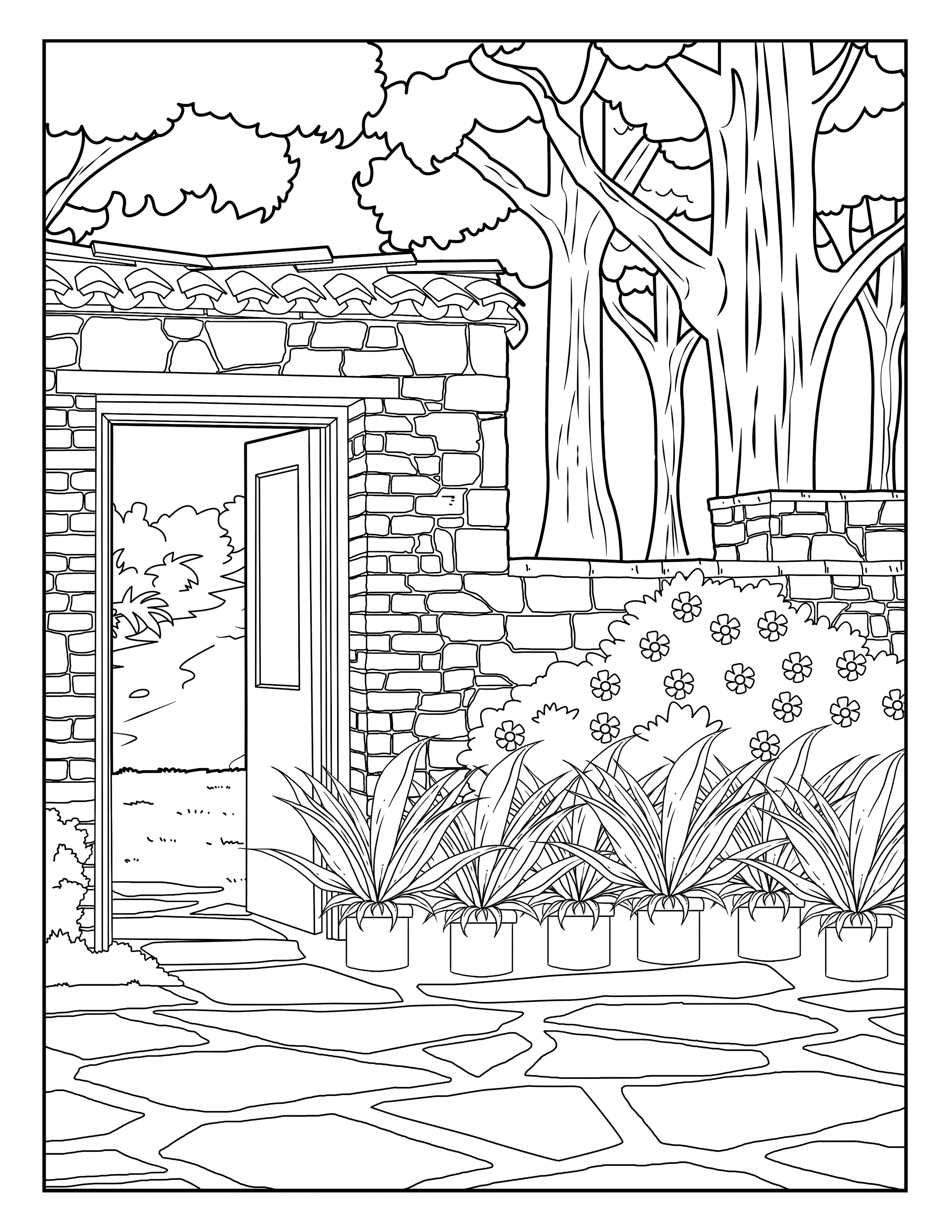 Stone wall garden gallery coloring pages for adults printable coloring page instant download pdf