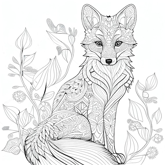 Pack stress relief coloring pages cute fox digital print filigree detailed mandala instant download set coloring pages for adults