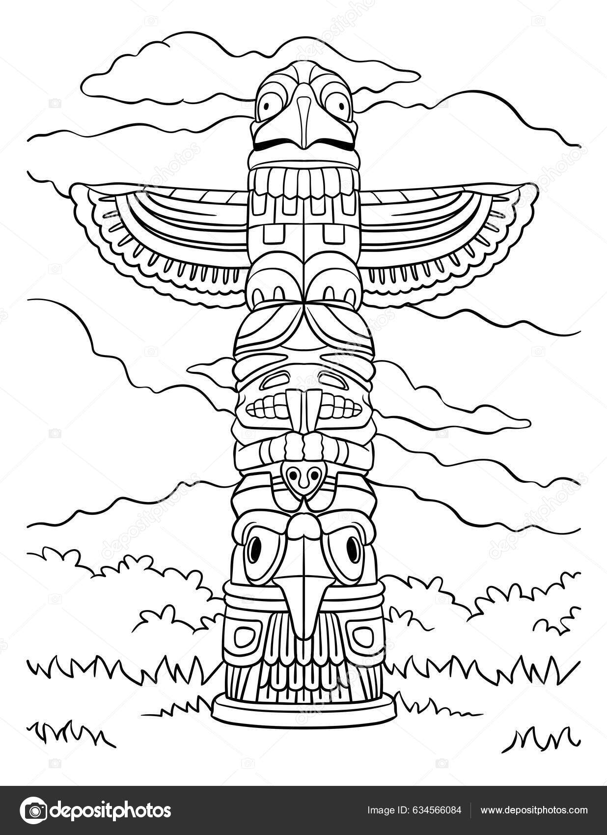 Cute funny coloring page native american indian totem provides hours stock vector by abbydesign