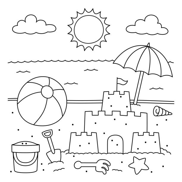 Toys on the beach coloring for kids stock illustration
