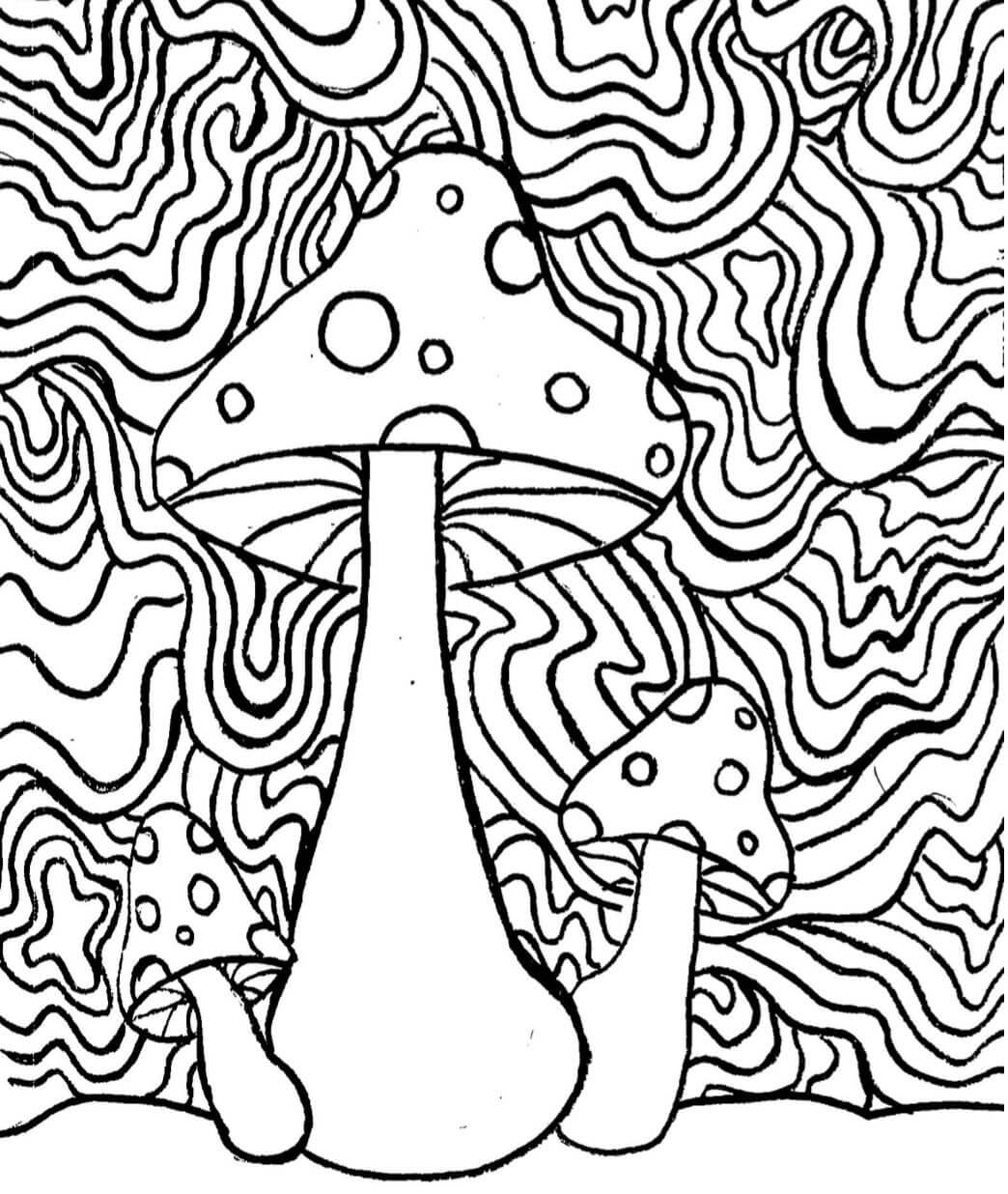Three mushrooms trippy coloring page