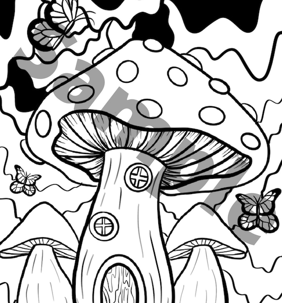 Trippy mushroom house printable coloring page psychedelic coloring page adult coloring book color therapy fairy door cottage core