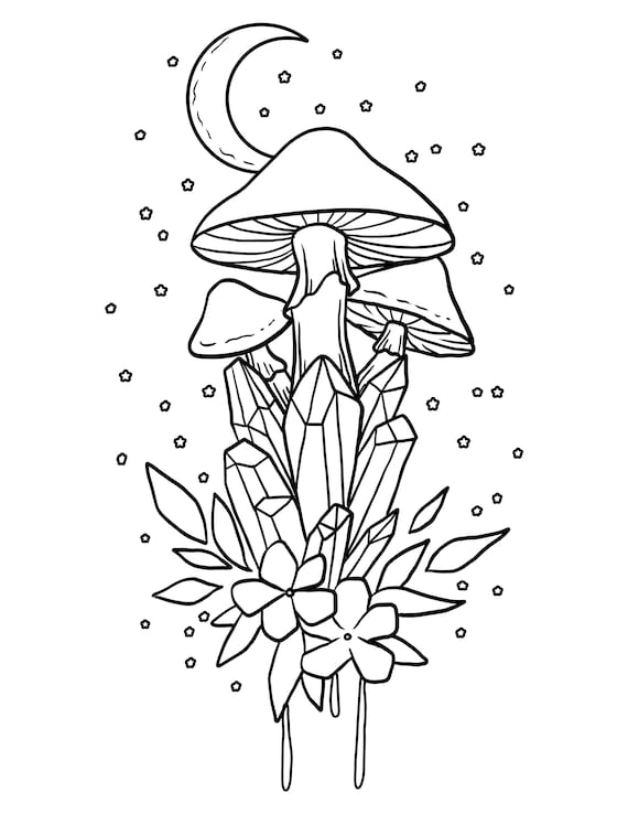 Mushroom and crystals magic mushroom printable coloring pages digital download stoner coloring book