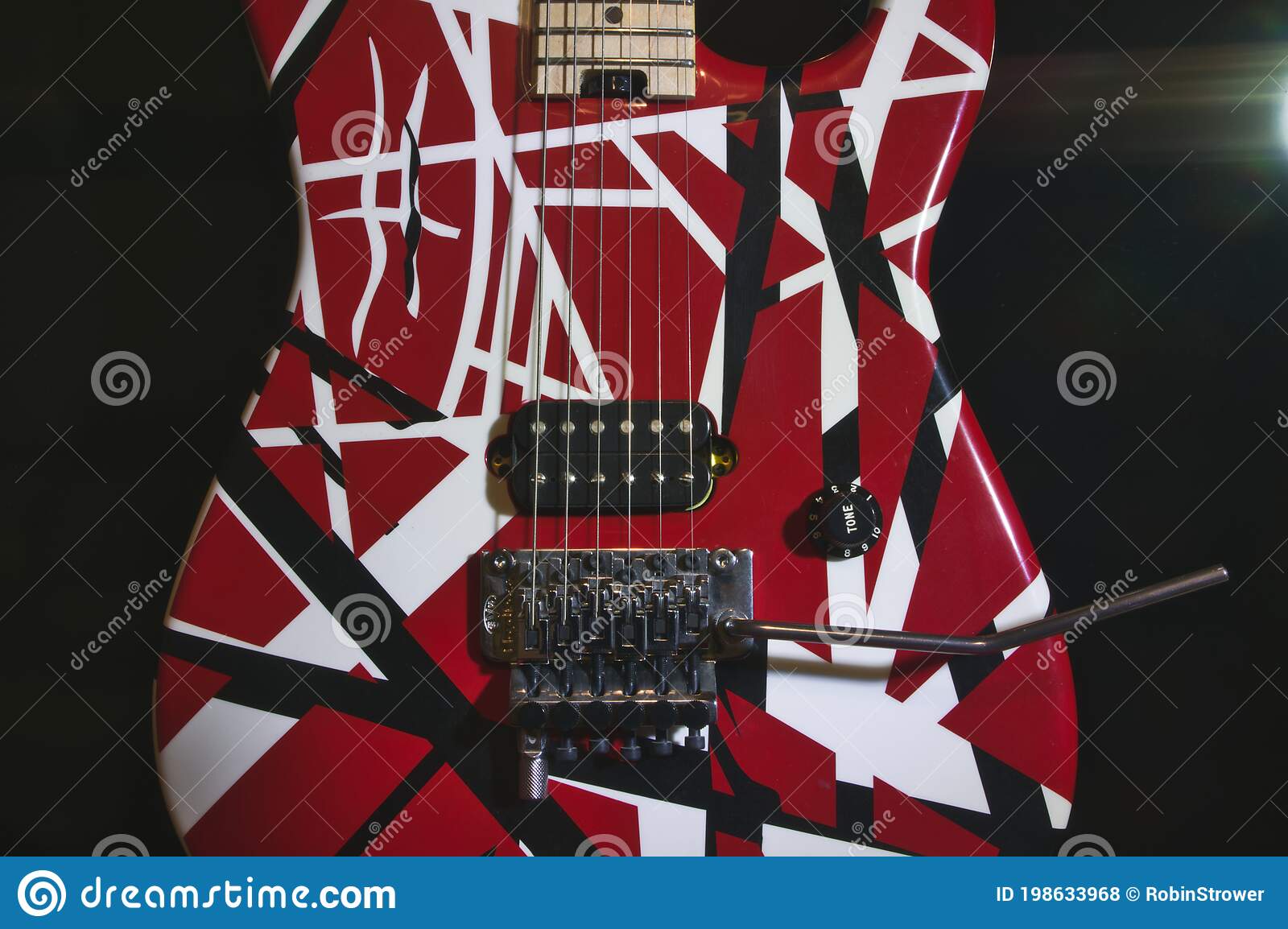 Eddie van halen evh striped red white black guitar body editorial stock photo