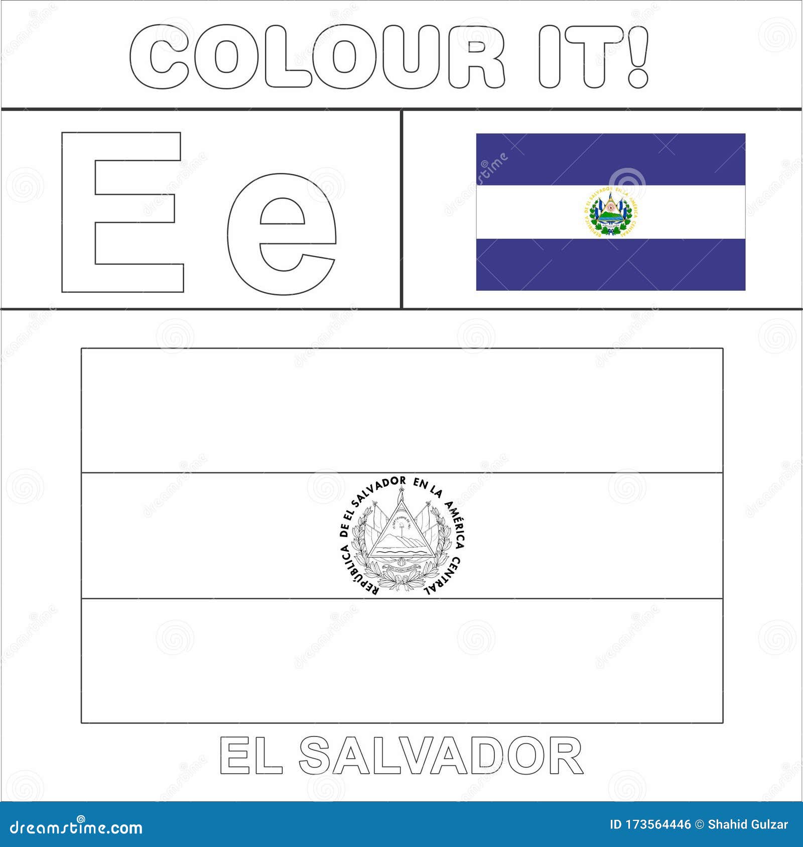 Colour it kids colouring page country starting from english letter e el salvador how to color flag stock illustration